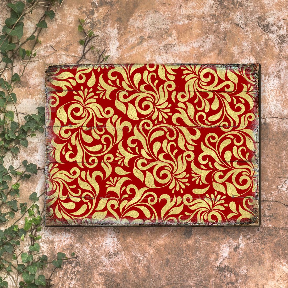 Red and Gold Floral Rustic Wooden Wall Art by G. DeBrekht - Floral Ornamental Decor - 95006B-1
