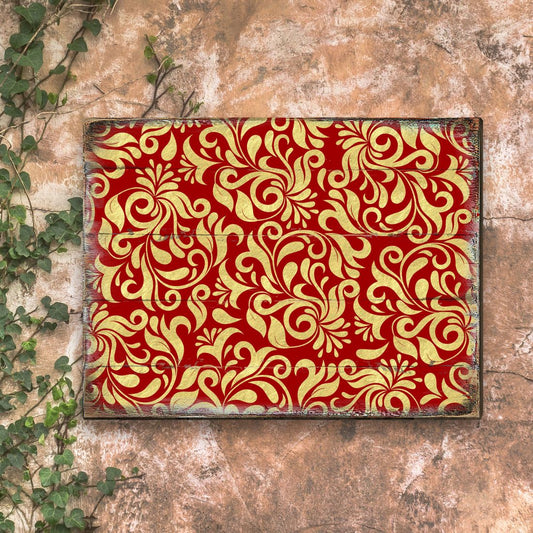 Red and Gold Floral Rustic Wooden Wall Art by G. DeBrekht - Floral Ornamental Decor - 95006B-1