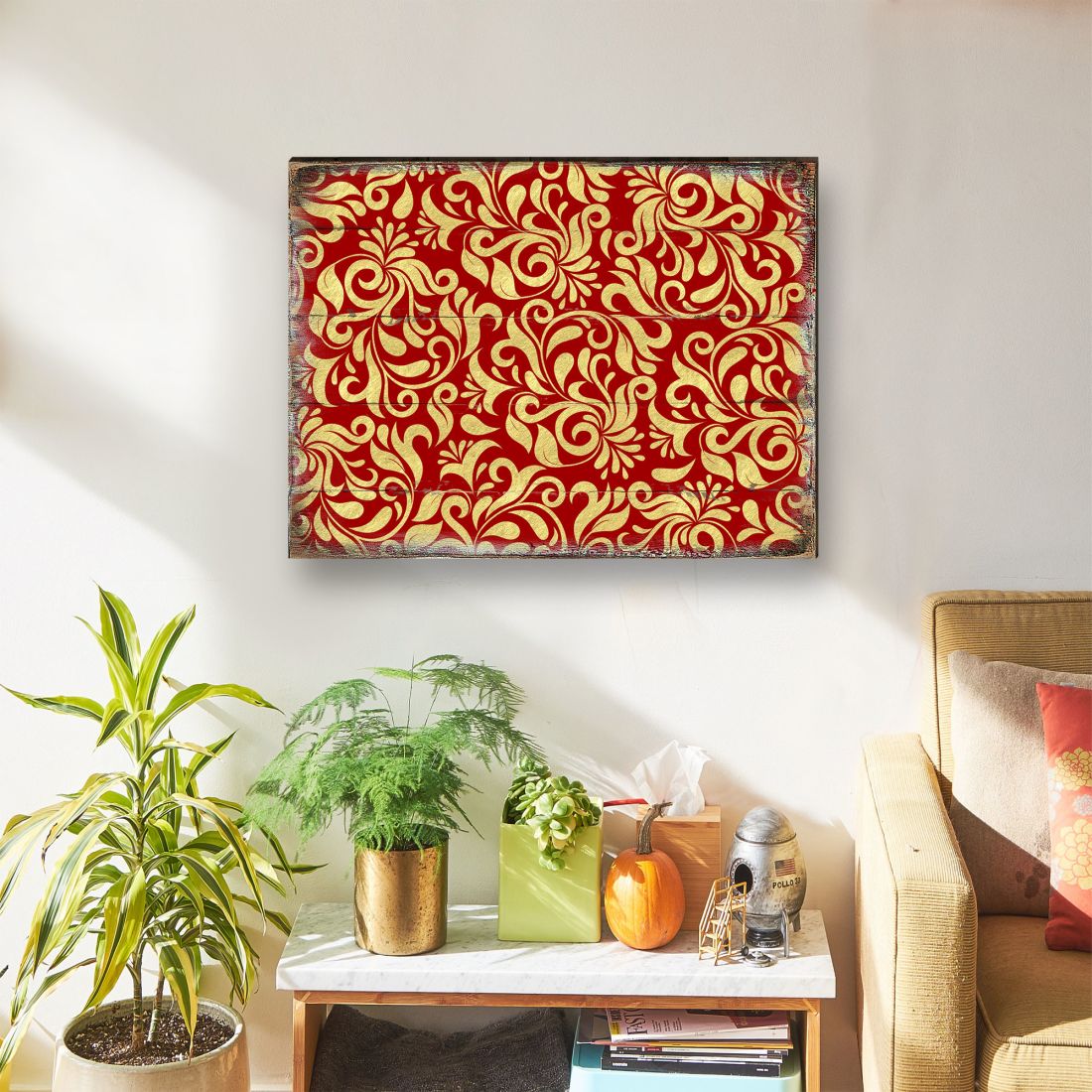Red and Gold Floral Rustic Wooden Wall Art by G. DeBrekht - Floral Ornamental Decor - 95006B-2