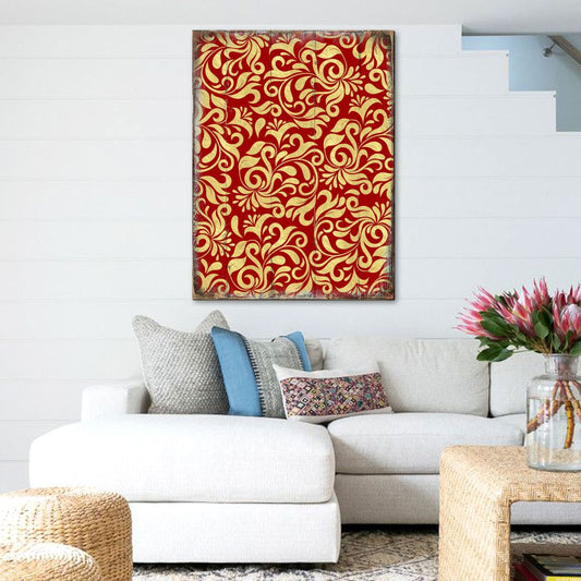 Red and Gold Floral Rustic Wooden Wall Art by G. DeBrekht - Floral Ornamental Decor - 95006B-0