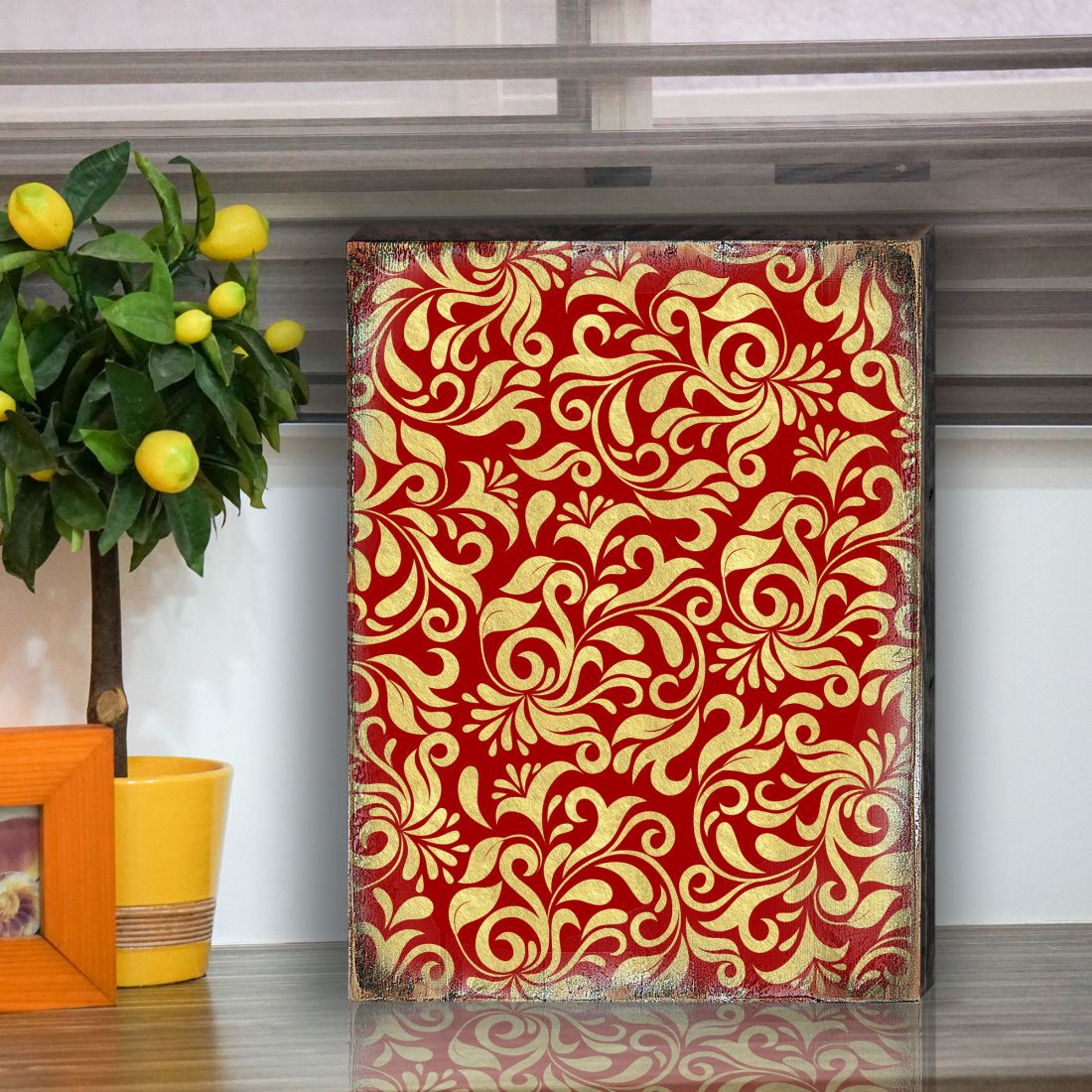 Red and Gold Floral Rustic Wooden Wall Art by G. DeBrekht - Floral Ornamental Decor - 95006B-3